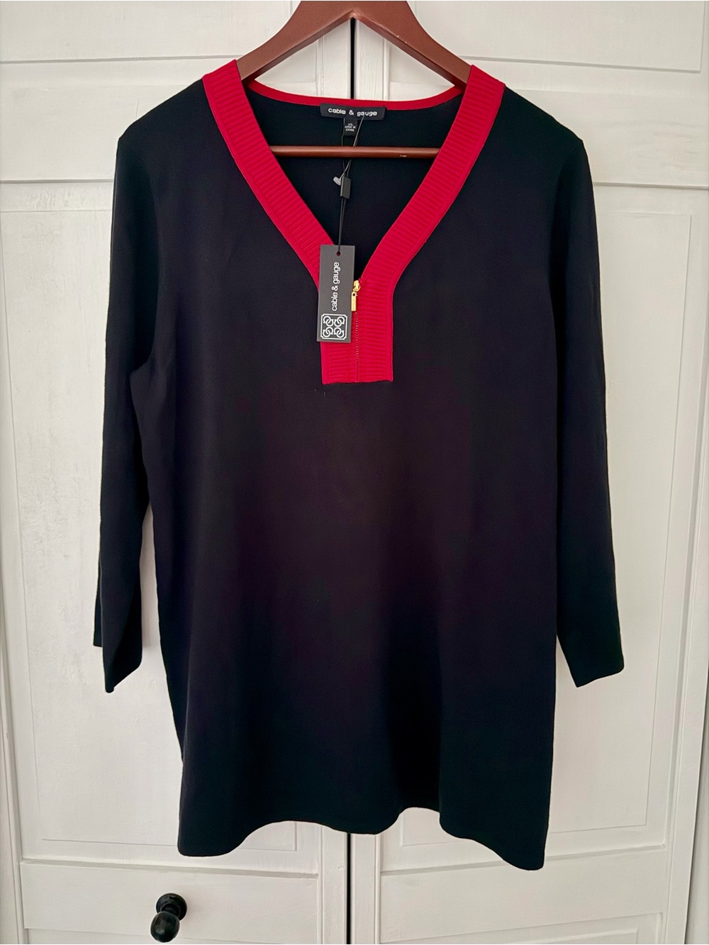 Cable & Gauge Black Sweater with Bright Red V-Neck Trim